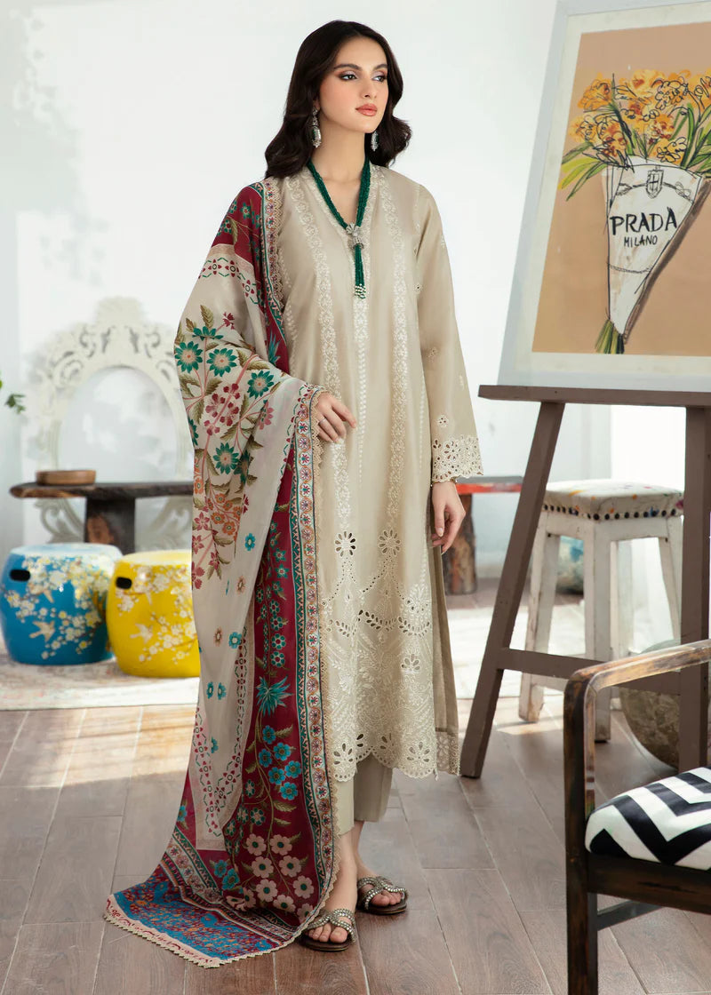 Lawn 3PC Chickenkari Embroidered Shirt With Print Shawl-323
