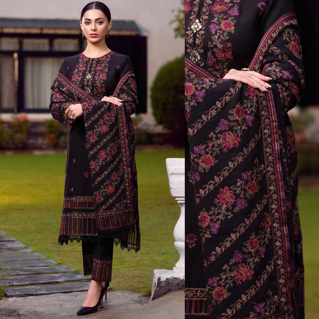 Dhanak 3PC Embroidered With Embroidered Shawl-9292