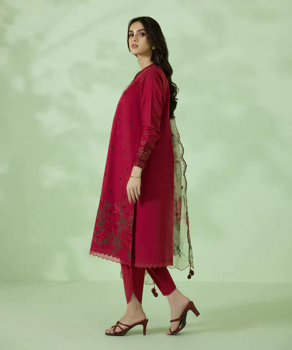 3PC Lawn Embroidered Shirt With Organza Printed Dupatta-1052