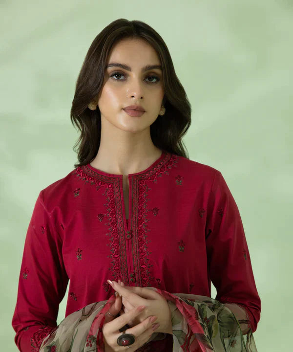 3PC Lawn Embroidered Shirt With Organza Printed Dupatta-1052