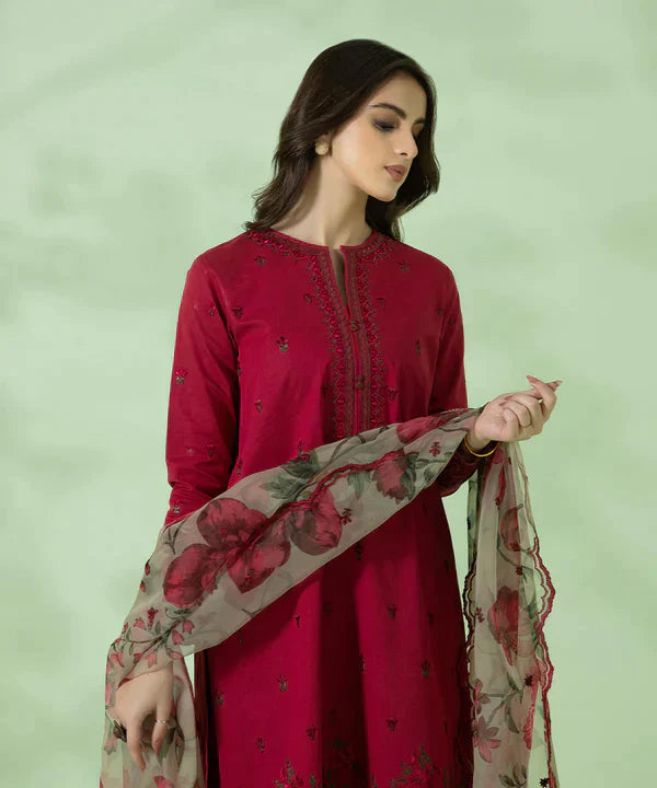 3PC Lawn Embroidered Shirt With Organza Printed Dupatta-1052