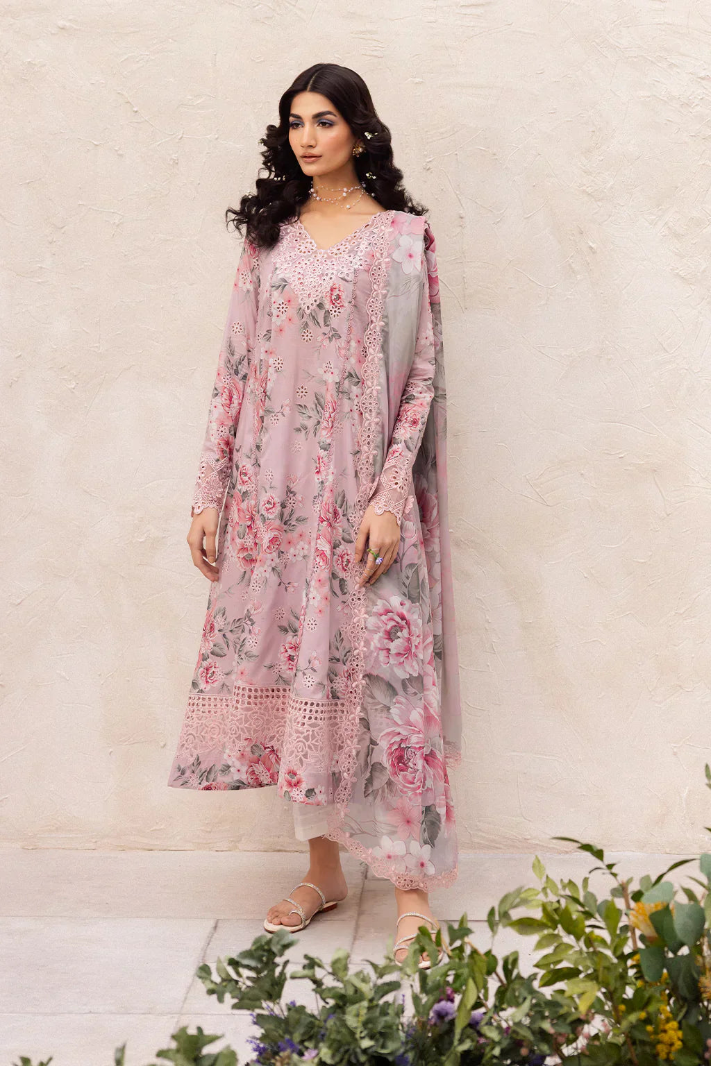 3PC-Printed Lawn Zarri Shirt With Voile Printed Dupatta-1525