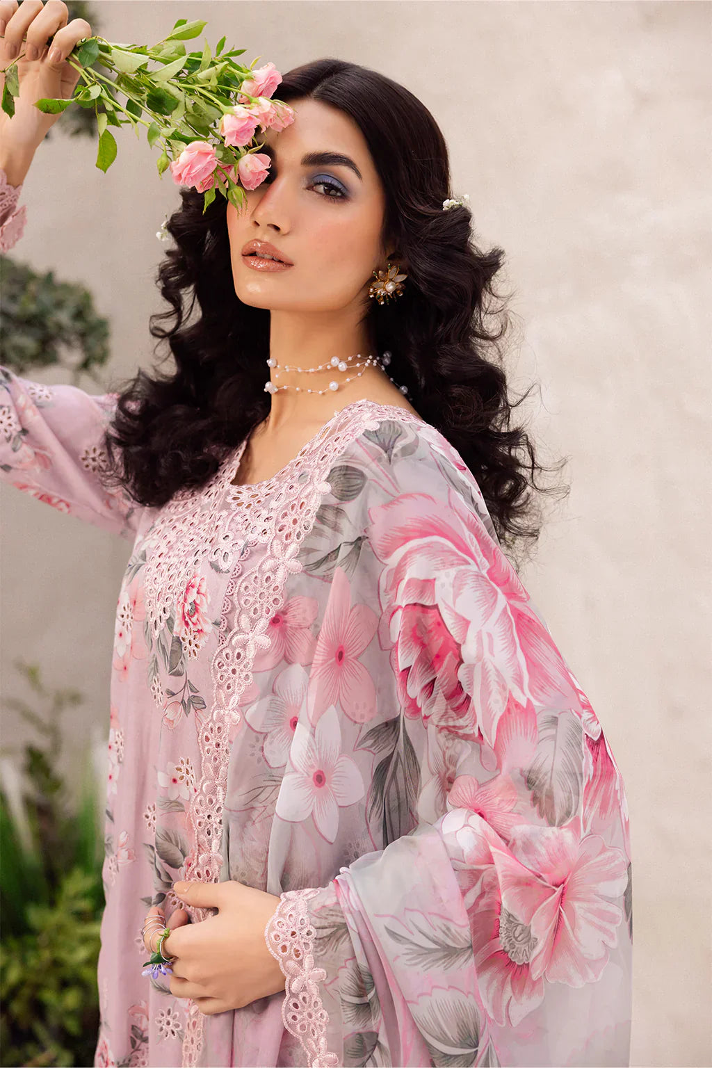 3PC-Printed Lawn Zarri Shirt With Voile Printed Dupatta-1525