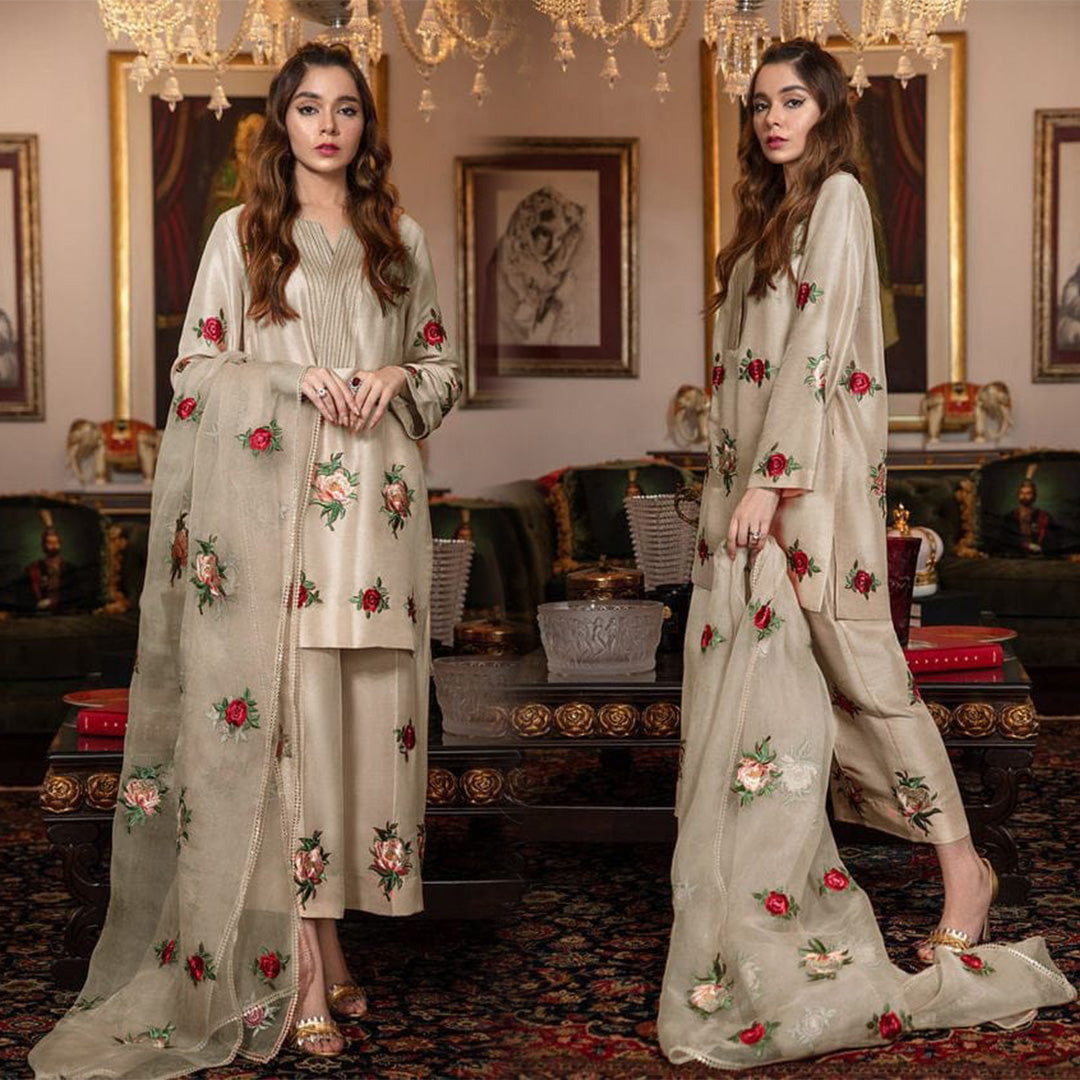 Silk 3PC Embroidered With Organza Embroidered Dupatta-1316