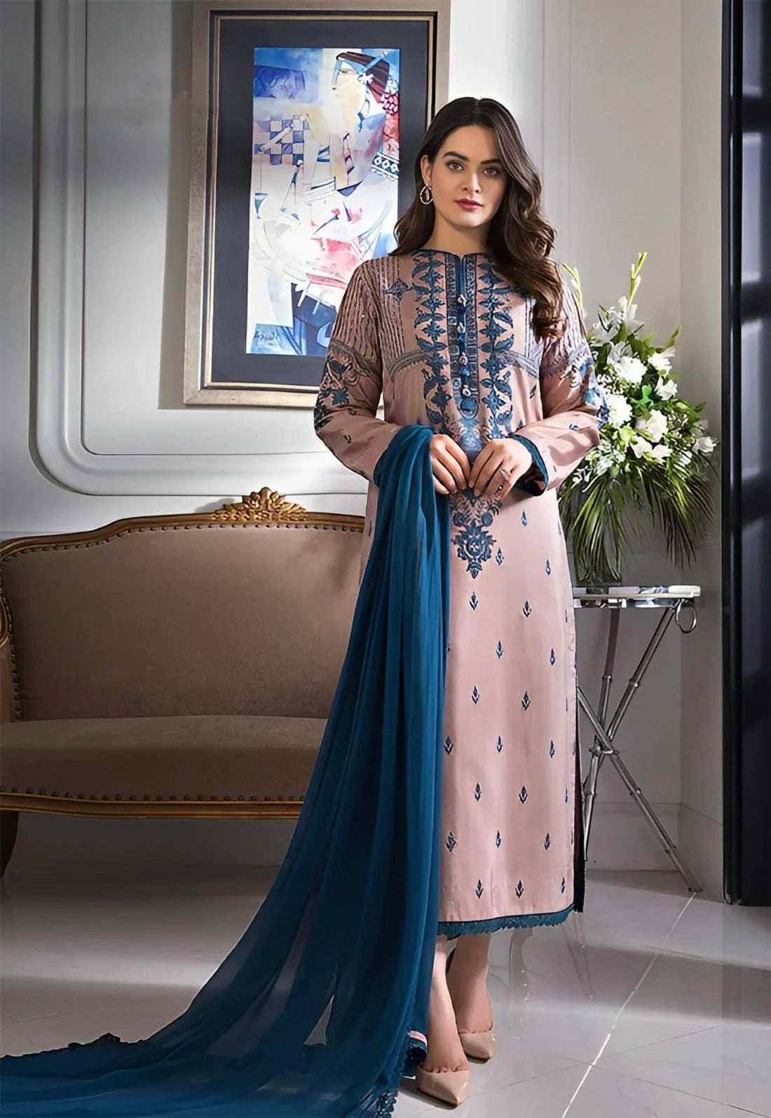 Dhanak 3PC Embroidered With Chiffon Dupatta-142