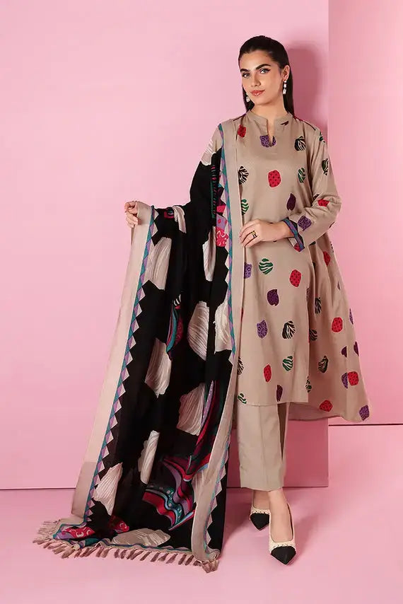 Dhanak 3PC Embroidered With Digital Printed Wool Shawl-178