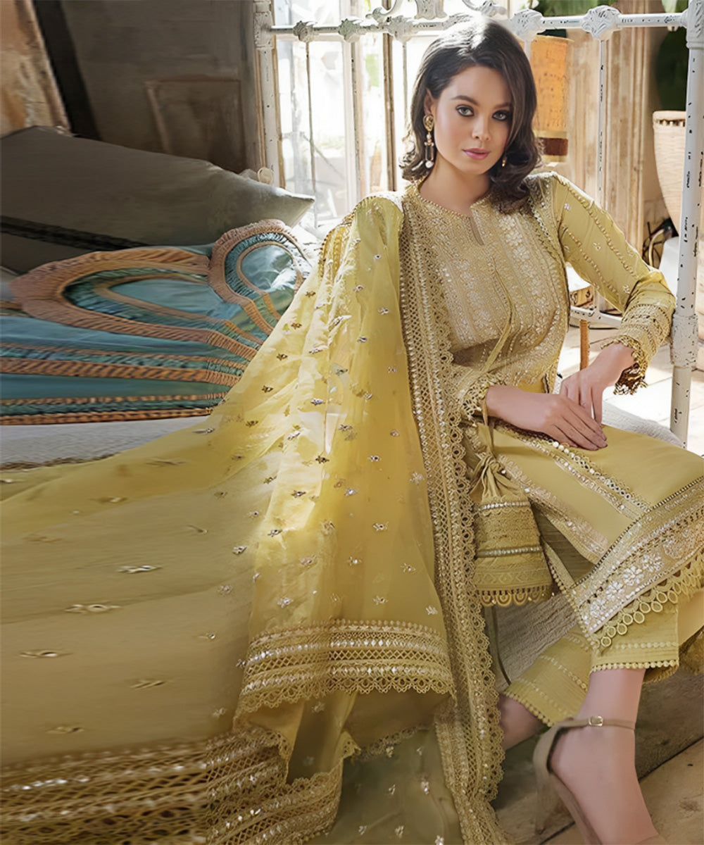 3PC Lawn Embroidered With Organza Embroidered Dupatta- 1151