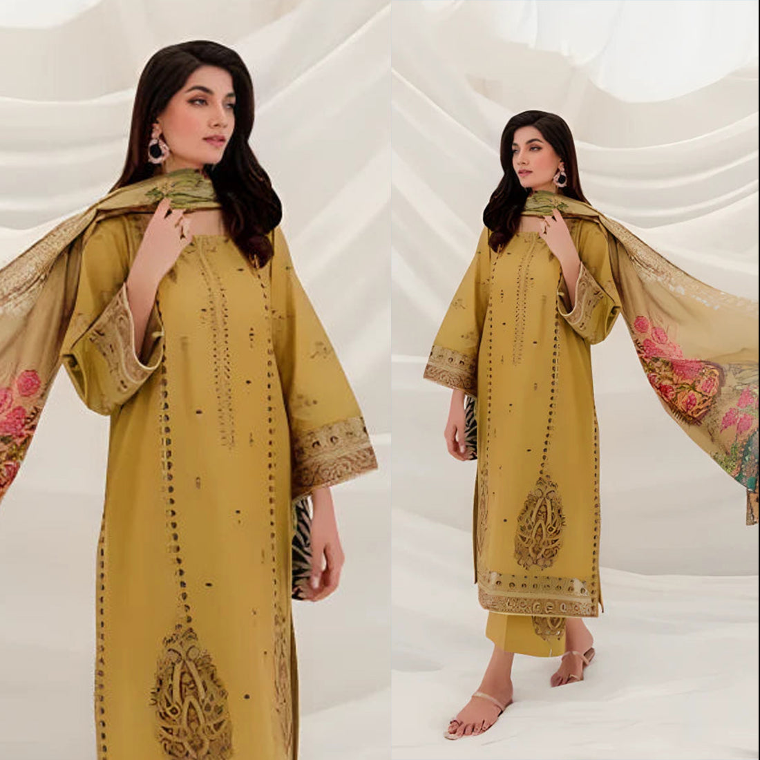 Dhanak 3PC Embroidered With Digital Printed Wool Shawl-638