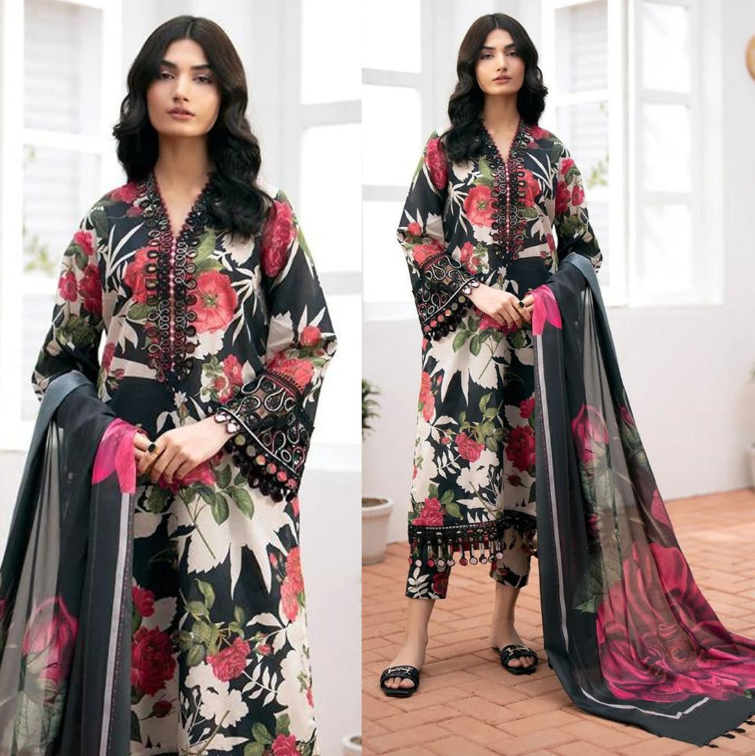 Lawn 3PC  Printed Shirt With Voile Printed Dupatta-786