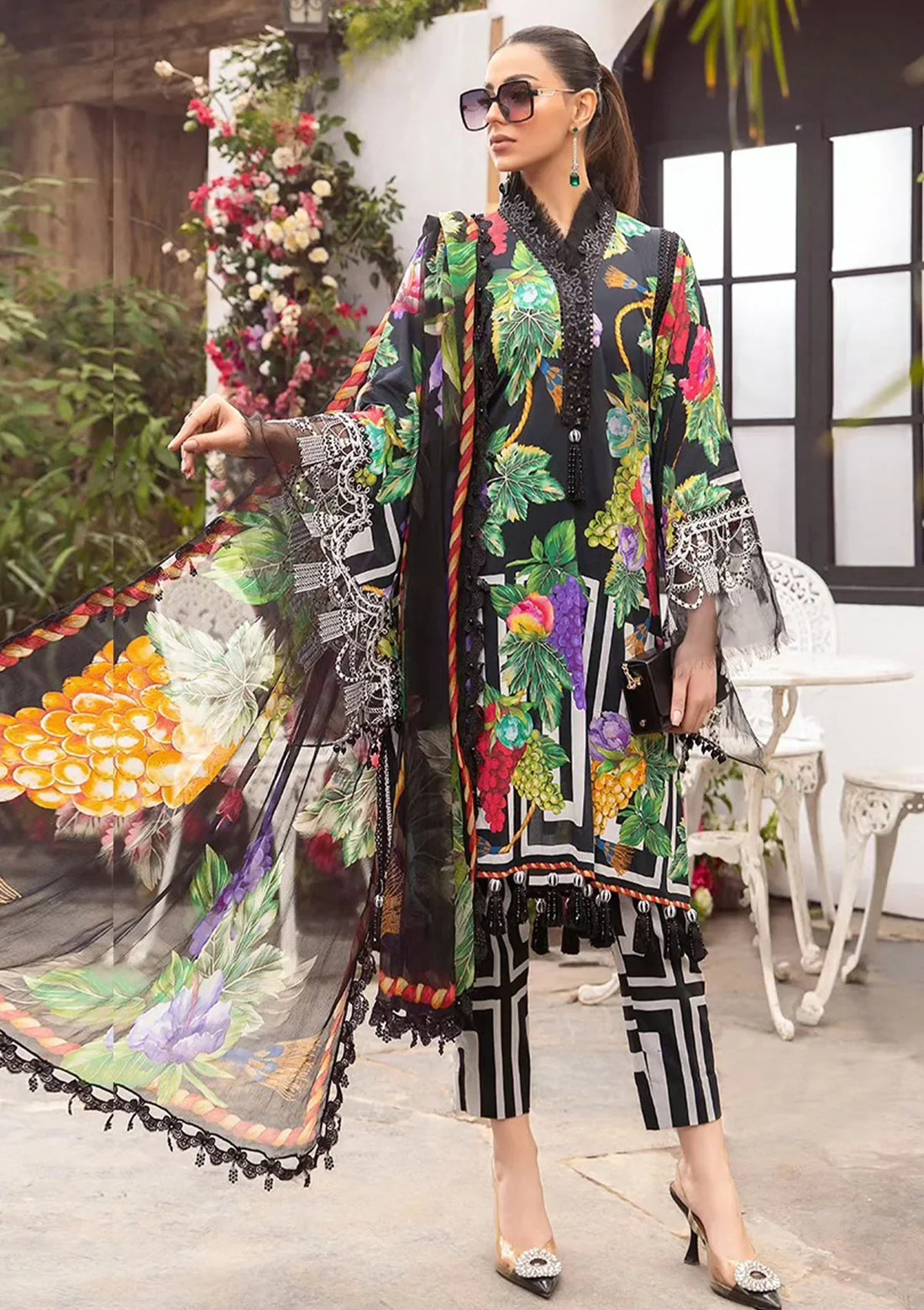 3PC-Printed Lawn Zarri Shirt With Voile Printed Dupatta-1523