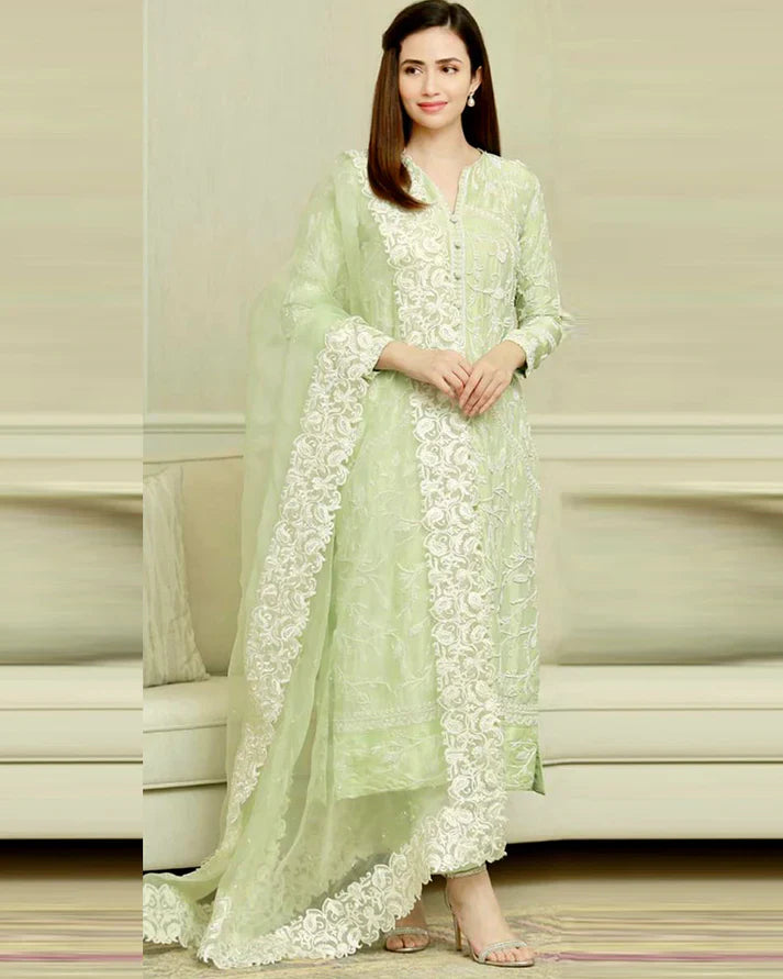 Lawn 3PC Embroidered with Organza Embroidered Dupatta-1058