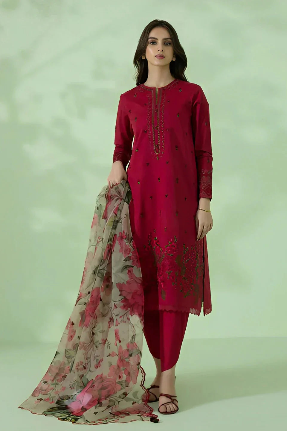 3PC Lawn Embroidered Shirt With Organza Printed Dupatta-1052