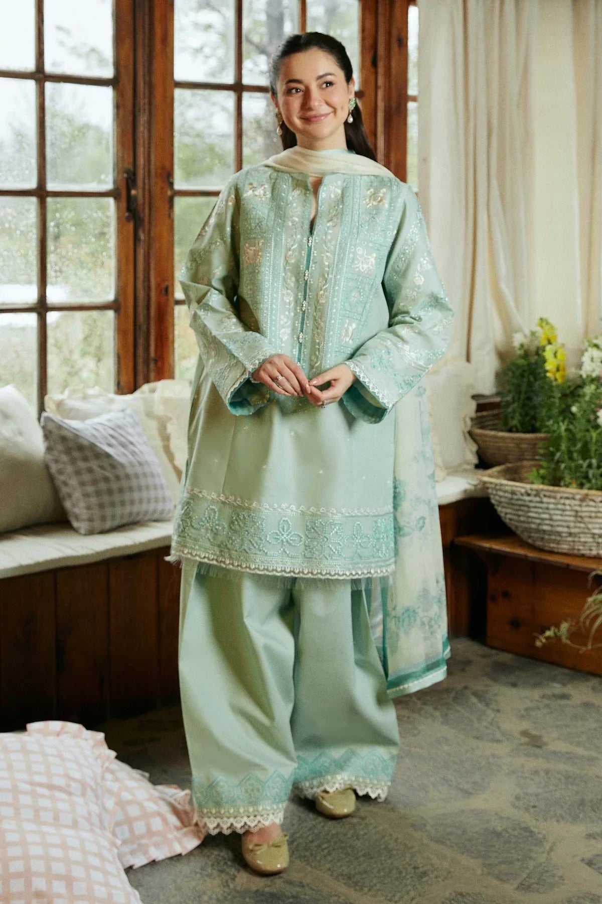 Lawn 3PC  Embroidered Shirt With Printed Dupatta-495