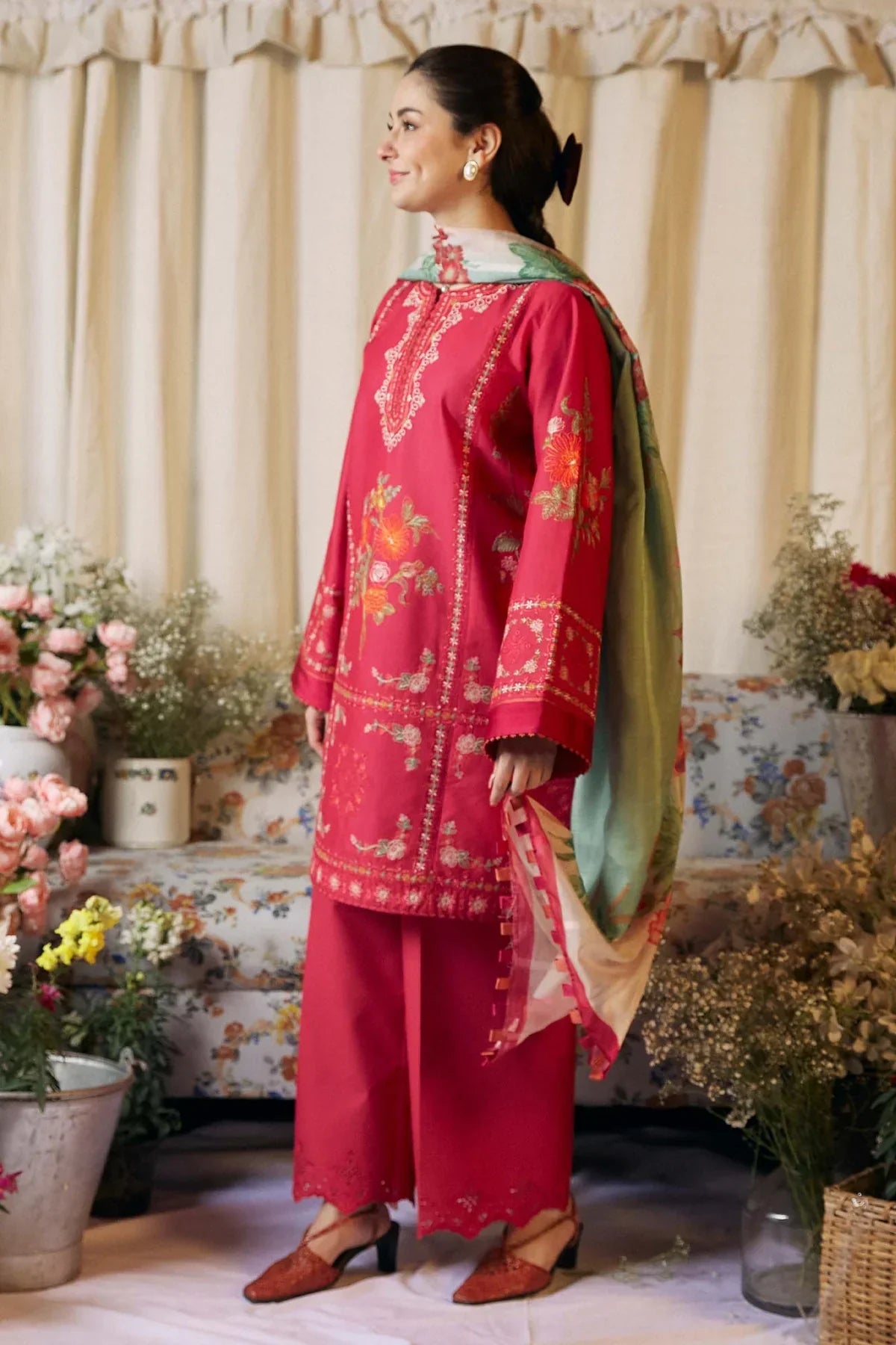 Lawn 3PC  Embroidered Shirt With Printed Dupatta-493