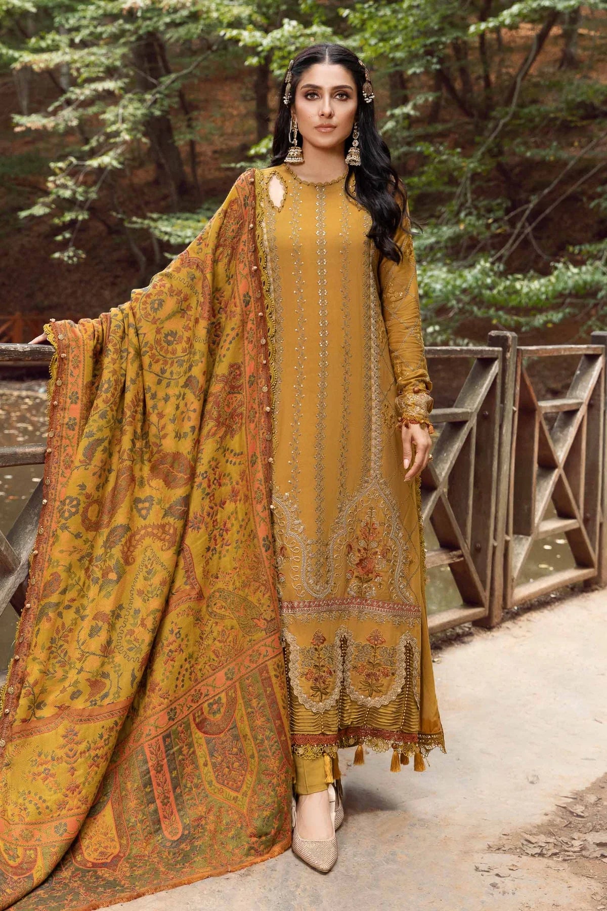 Dhanak 3PC Embroidered With Printed Pashmina Wool Shawl-116