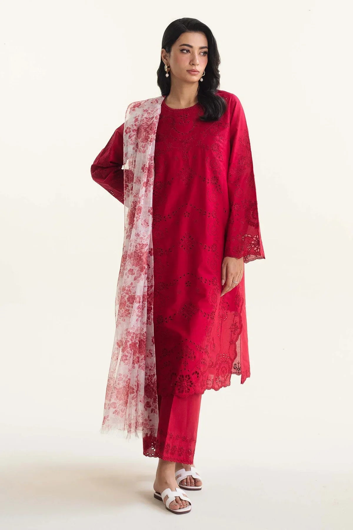 Lawn 3PC  Chikankari Embroidered Shirt With Printed Dupatta-487