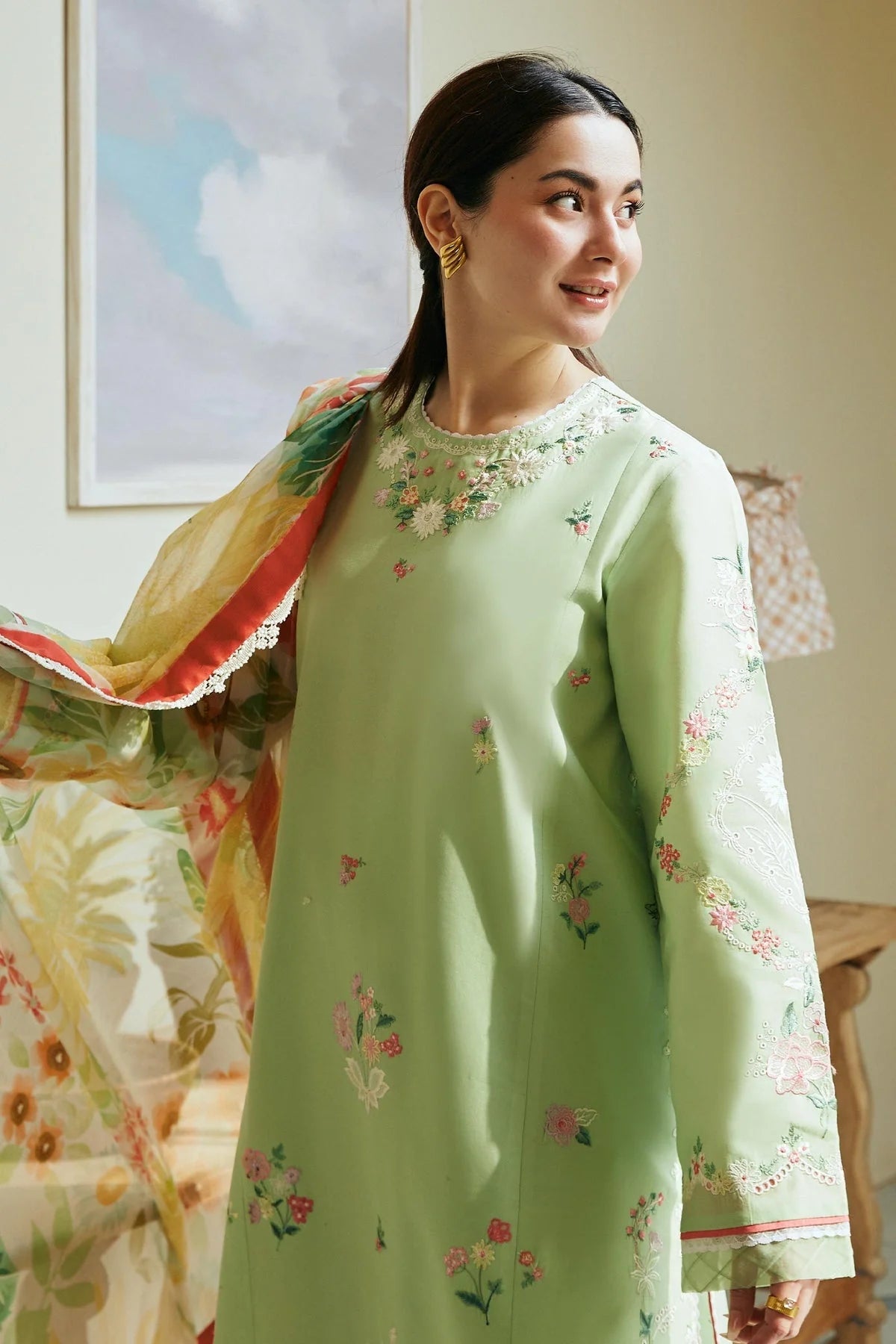 Lawn 3PC  Embroidered Shirt With Printed Dupatta-476