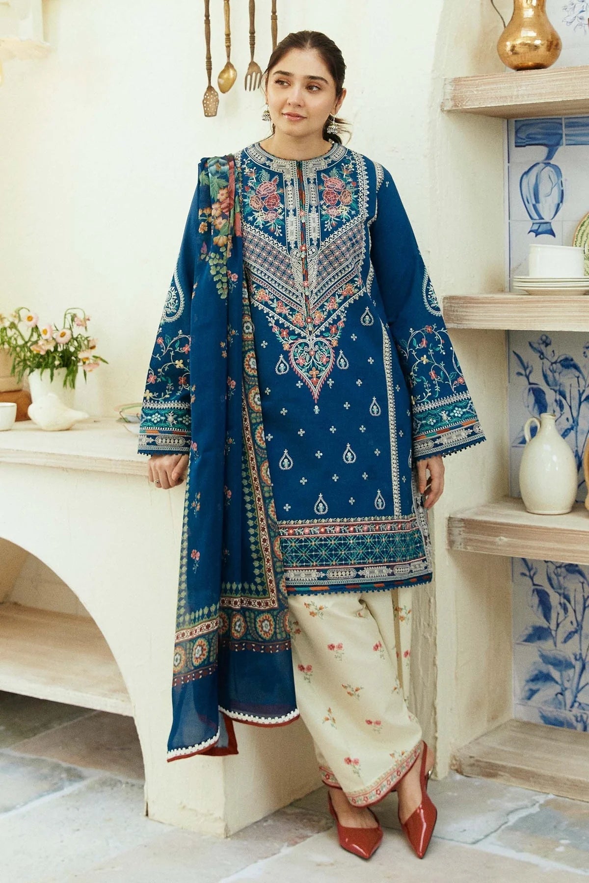 Lawn 3PC  Embroidered Shirt With Printed Dupatta-489