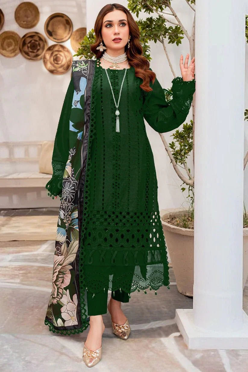 3PC CHIKENKARI Lawn Embroidered With Printed Dupatta-1067