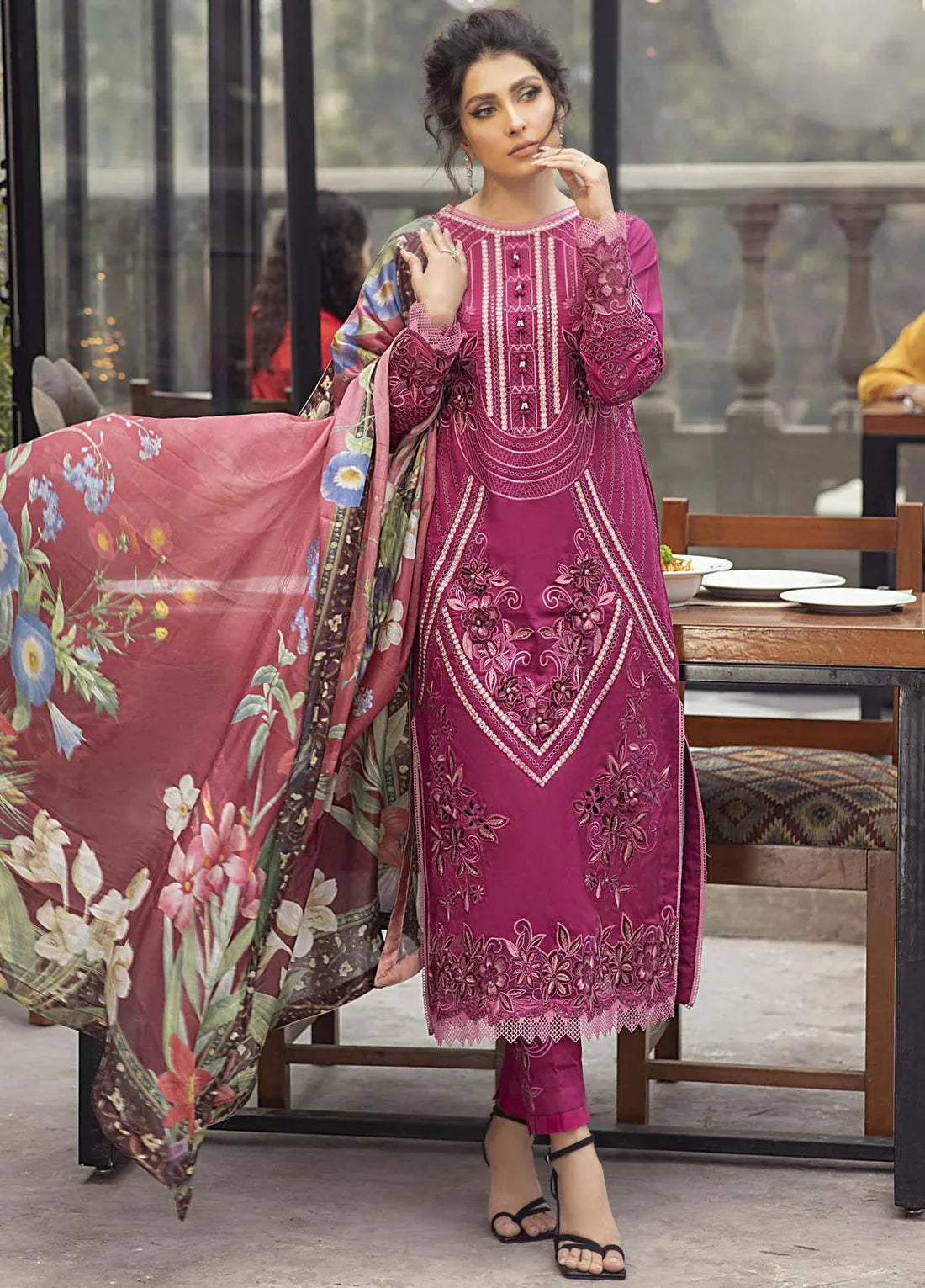 Lawn 3PC Embroidered With Printed Dupatta-451